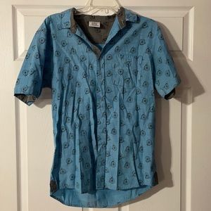 Blue Gear, short sleeved, blue, button up, bicycle pattern